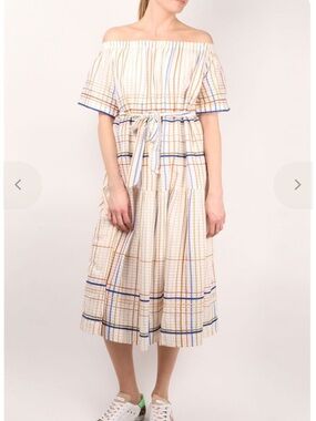 MII Collection Cream Tiered Off-Shoulder Dress with Blue & Orange Stripes